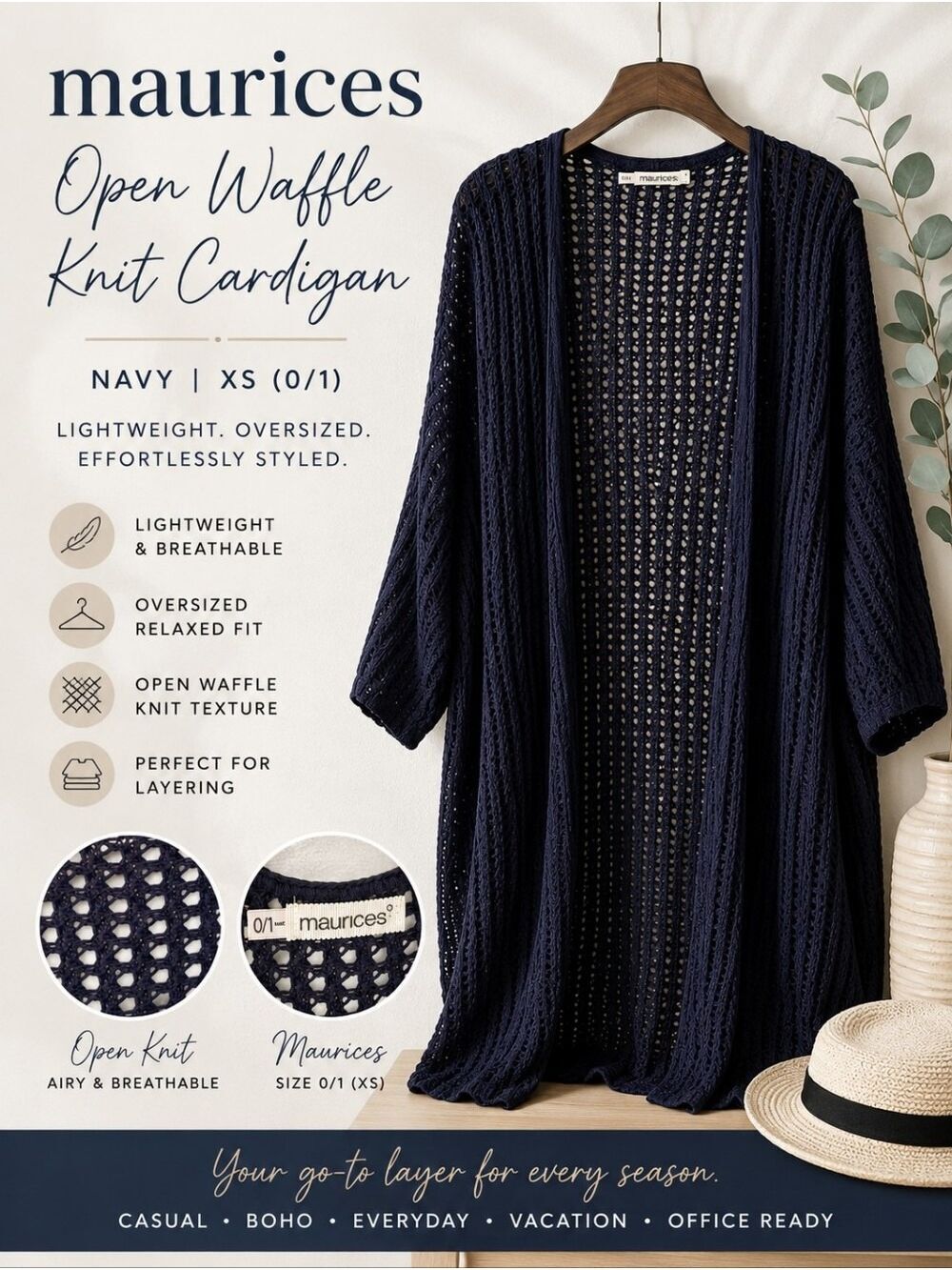 Maurices Navy Open Waffle Knit Cardigan Boho Coastal Size Extra Small XS